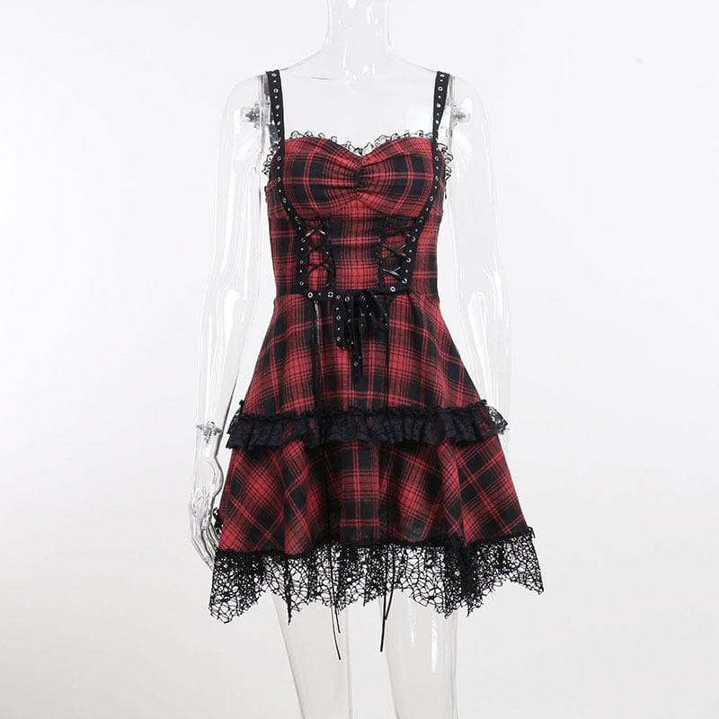 Zip-up lace hem lace up plaid backless mini dress  | red tango dress