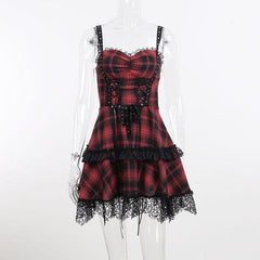 Zip-up lace hem lace up plaid backless mini dress  | red tango dress