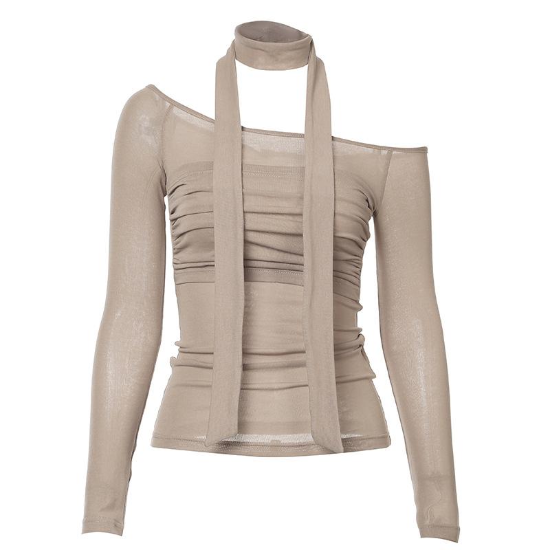 Long sleeve halter off shoulder ruched top