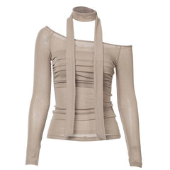 Long sleeve halter off shoulder ruched top