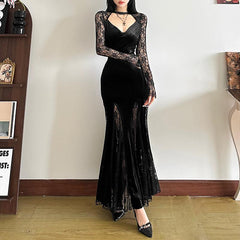 Long sleeve v neck lace velvet patchwork maxi dress
