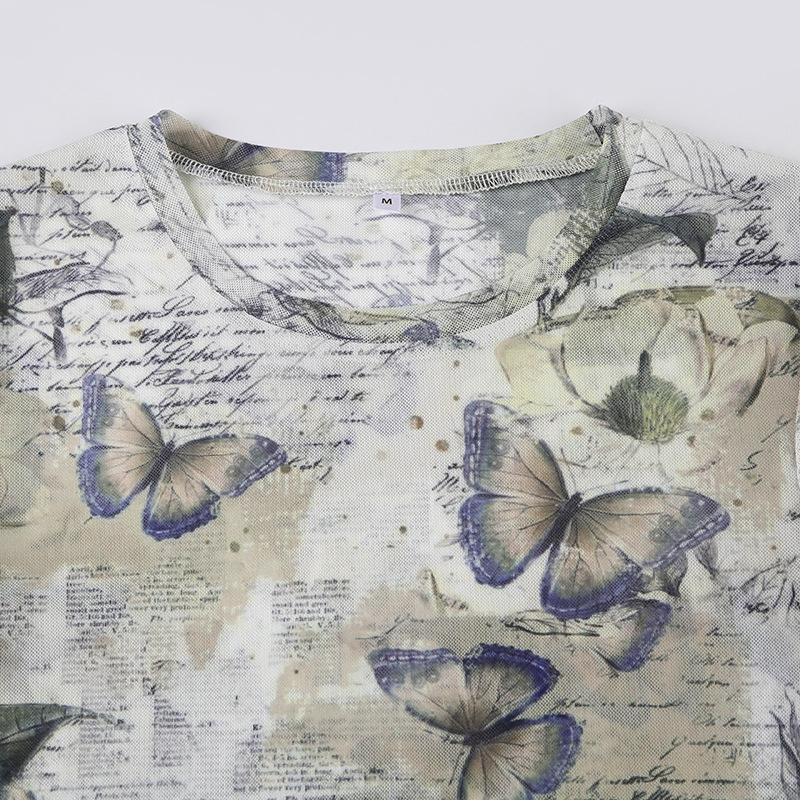 Short sleeve crewneck butterfly print sheer mesh top