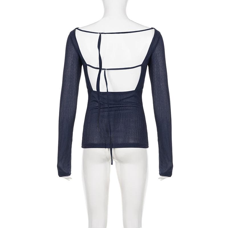 Self tie backless round neck long sleeve textured top