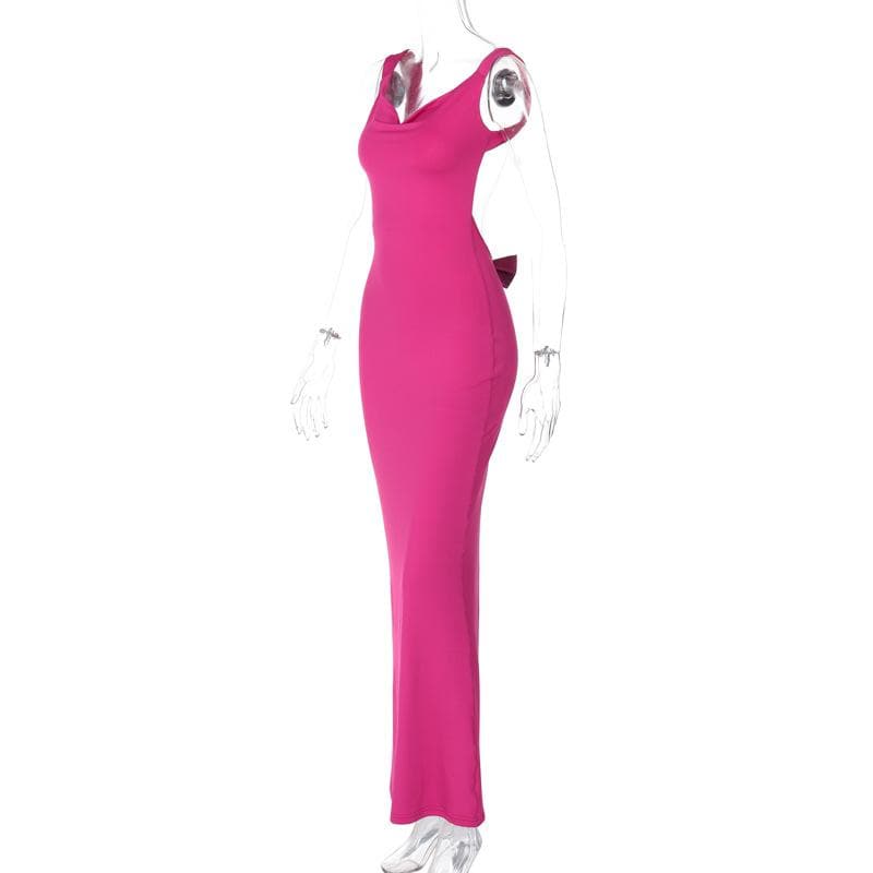 Cowl neck bowknot sleeveless backless solid maxi dress  | red tango dress