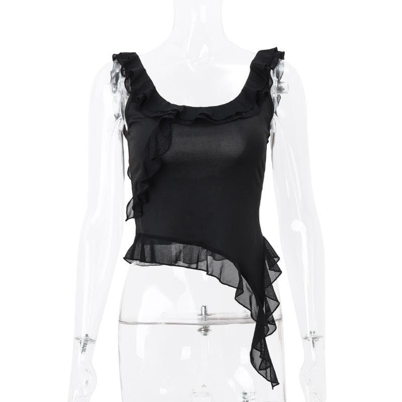 Ruffle u neck solid sleeveless irregular crop top
