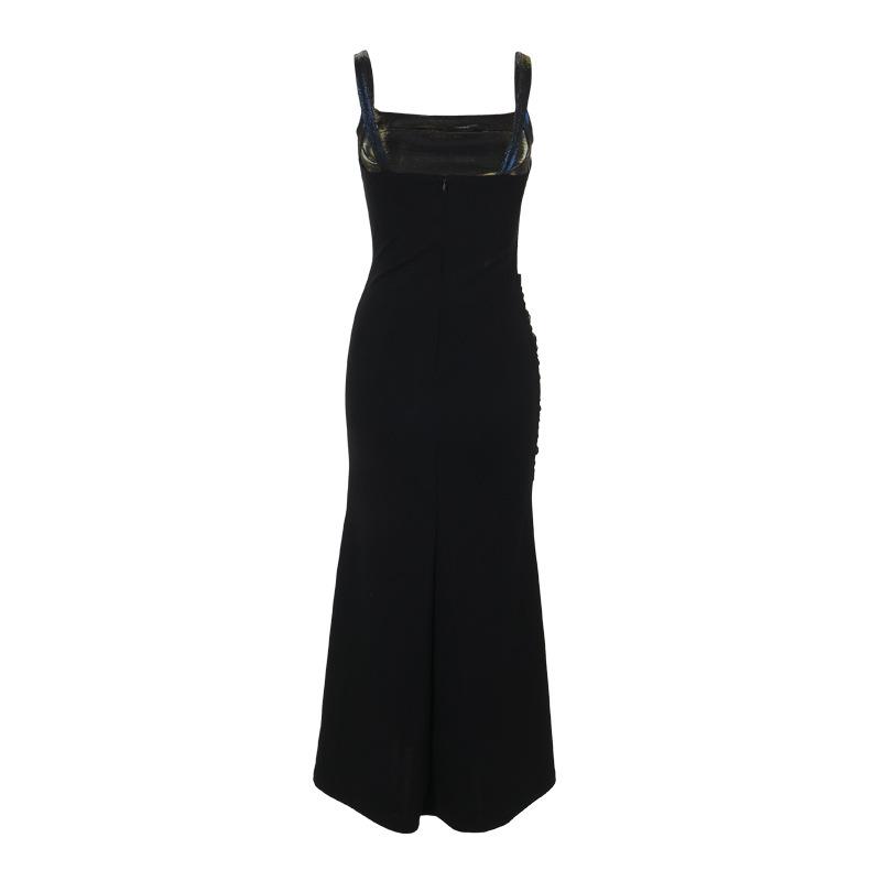 Square neck ruched lace up lace hem maxi dress
