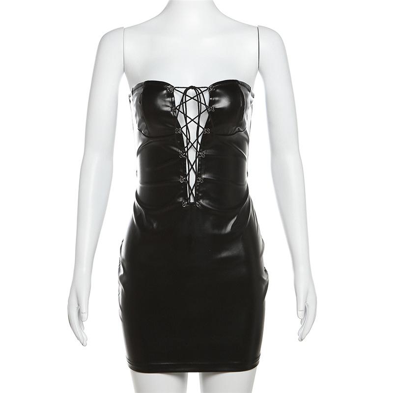 PU leather lace up backless mini dress