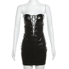 PU leather lace up backless mini dress