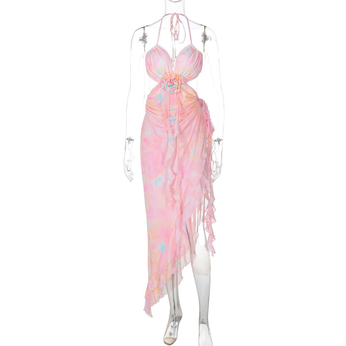 Halter flower applique ruffle backless slit maxi dress  | red tango dress