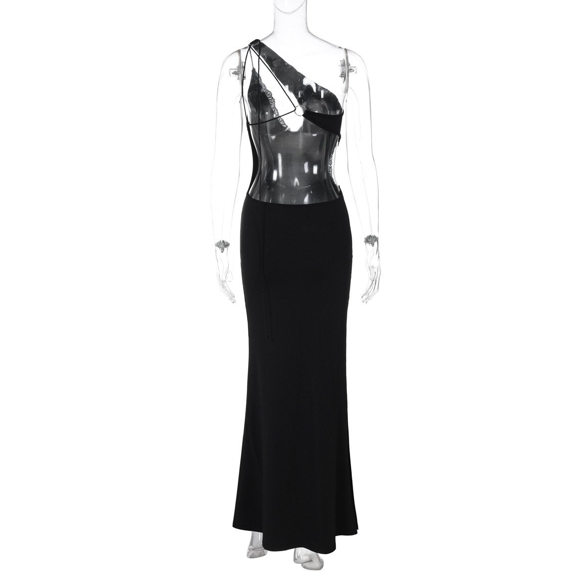 One shoulder o ring lace hem backless maxi dress