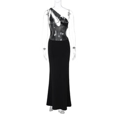 One shoulder o ring lace hem backless maxi dress