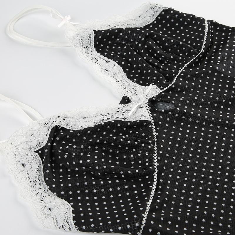Polka dot lace hem mesh see through cami top