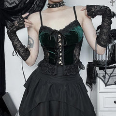 Velvet lace patchwork lace up sweetheart neck cami top