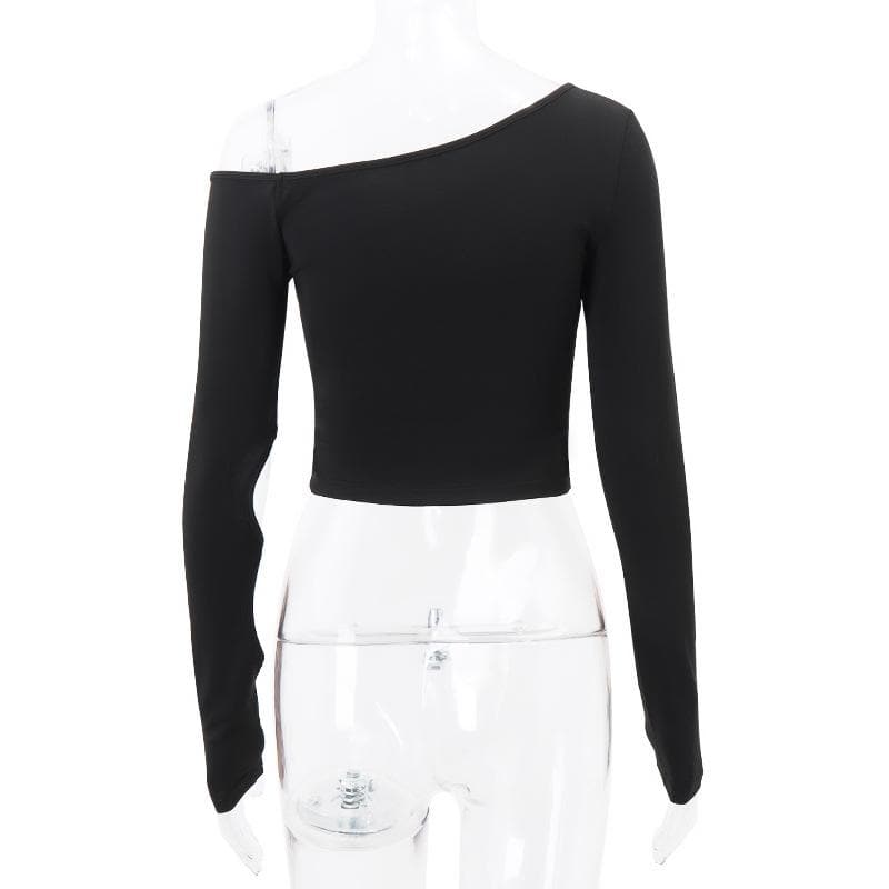 Long sleeve one shoulder button hollow out  irregular solid cut out top