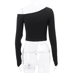Long sleeve one shoulder button hollow out  irregular solid cut out top