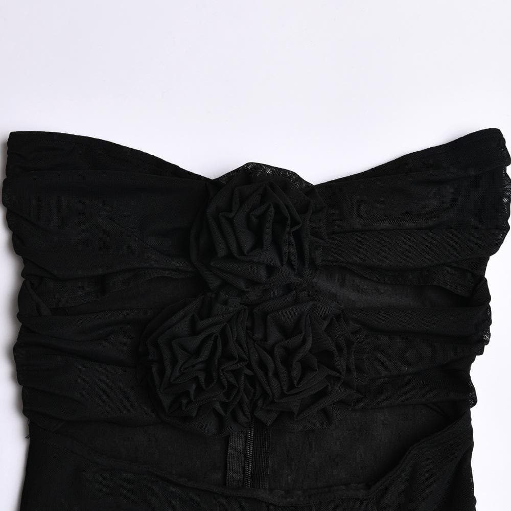 Flower applique sheer mesh hollow out solid backless zip-up slit tube midi dress  | samba dress