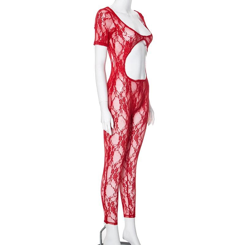 Short sleeve u neck see through lace jumpsuit