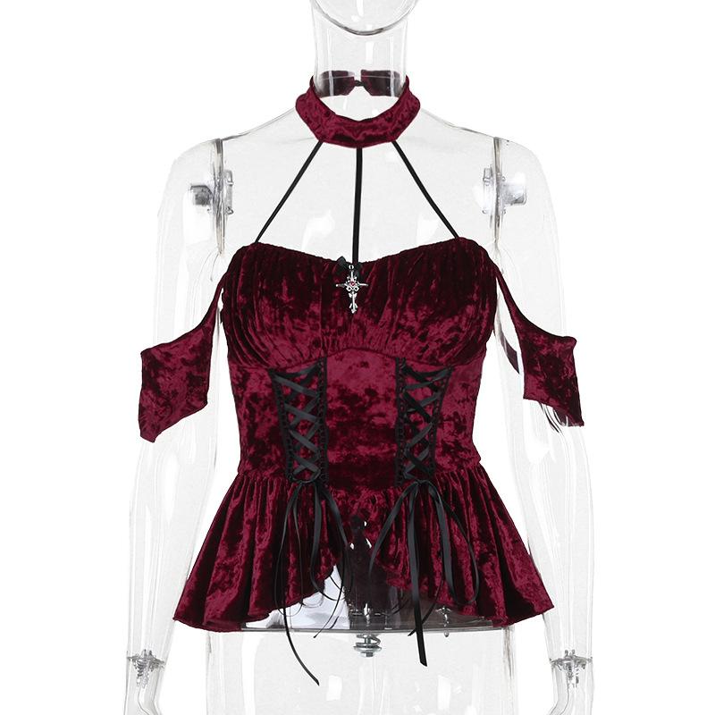Halter velvet cross applique lace up top