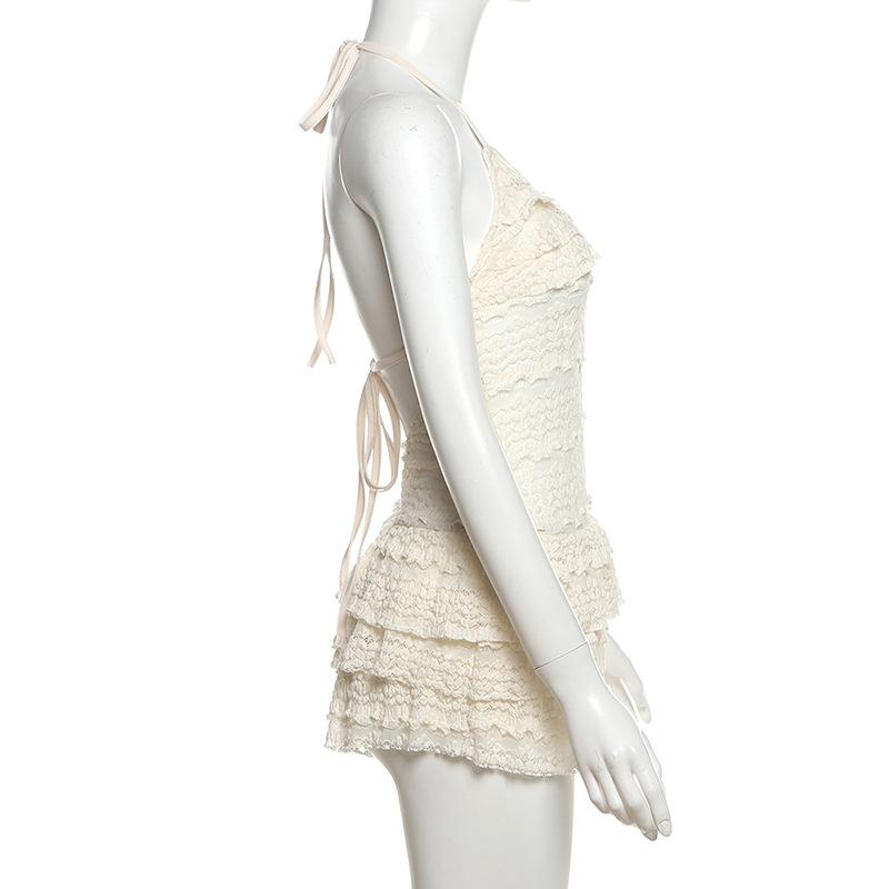 Halter self tie see through v neck hollow out mini dress