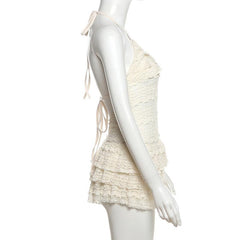 Halter self tie see through v neck hollow out mini dress