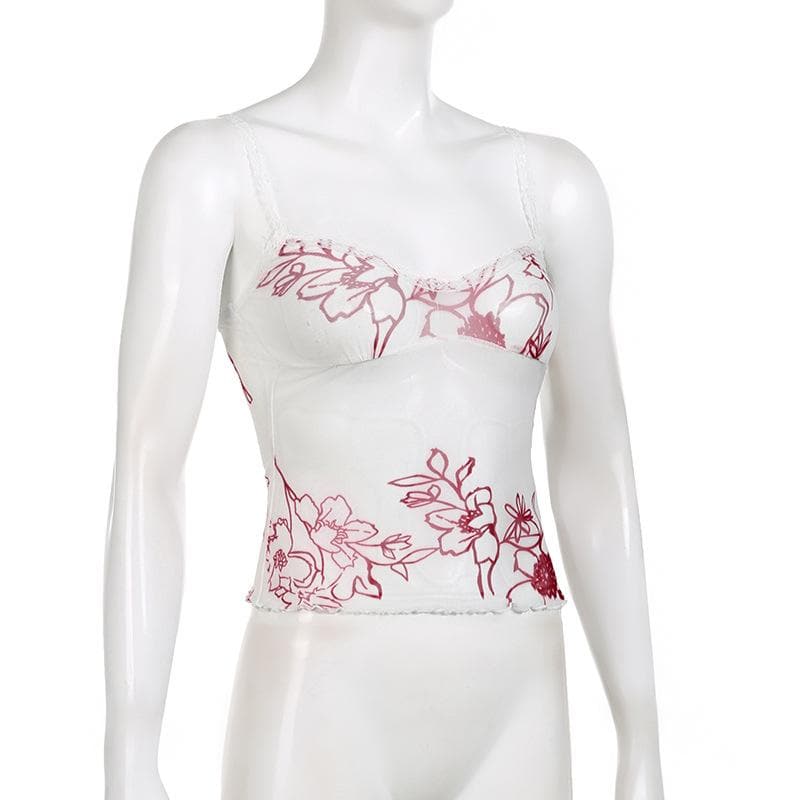 Sheer mesh see through flower print sleeveless lace hem crop top