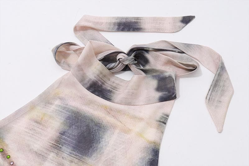 Tie dye beaded halter self tie backless contrast crop top