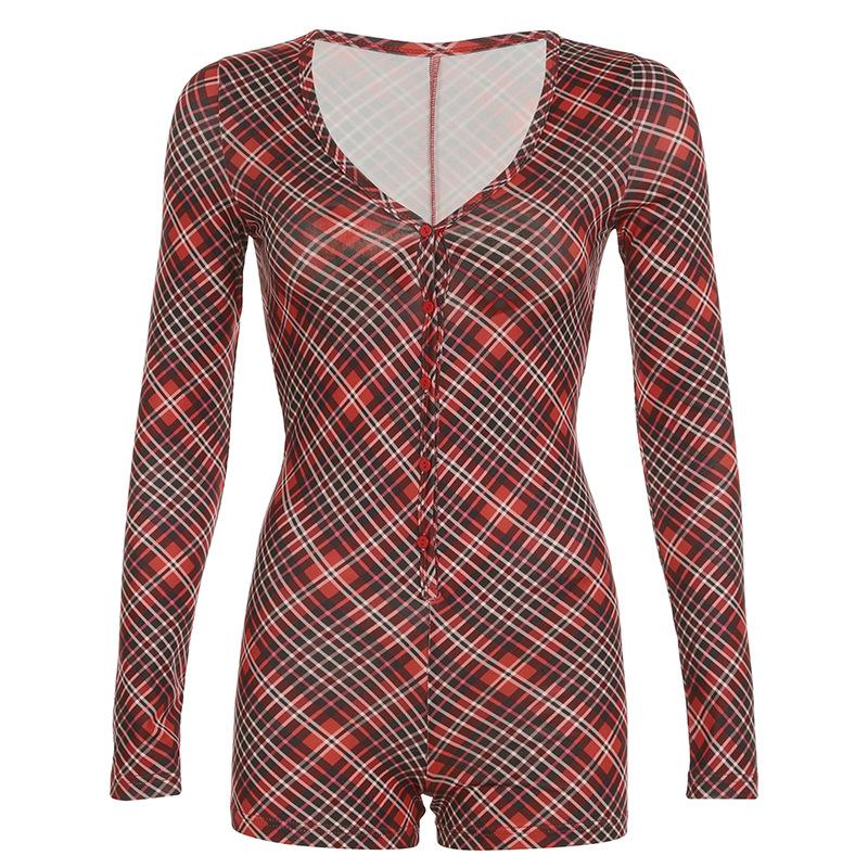 V neck long sleeve plaid button romper