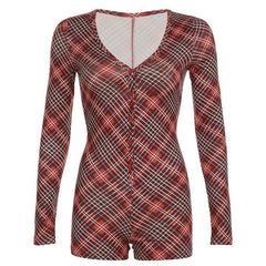 V neck long sleeve plaid button romper