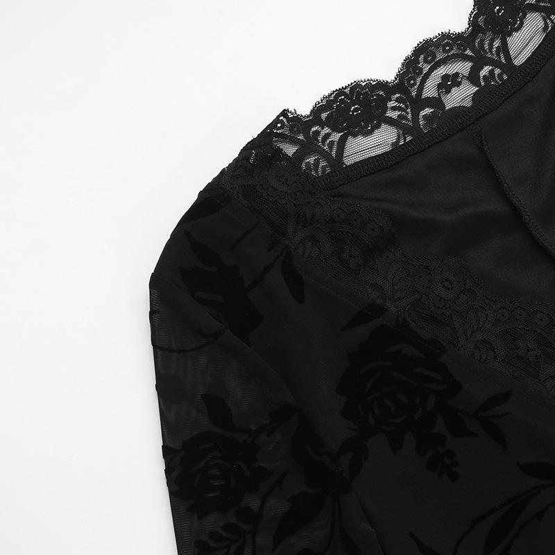 V neck long sleeve flower pattern mesh mini dress