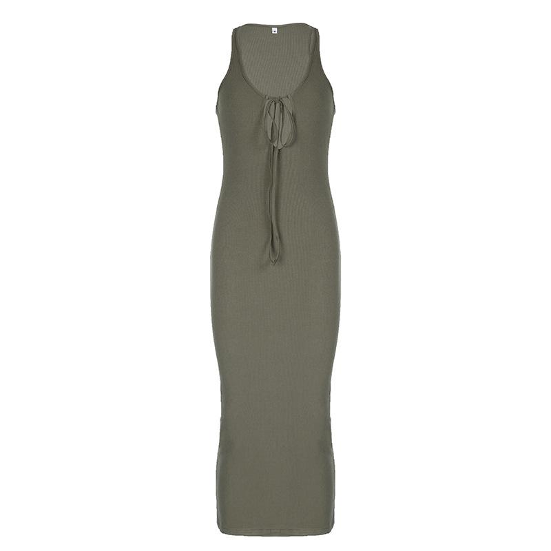 U neck self tie hollow out solid maxi dress