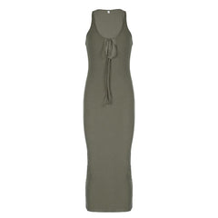 U neck self tie hollow out solid maxi dress
