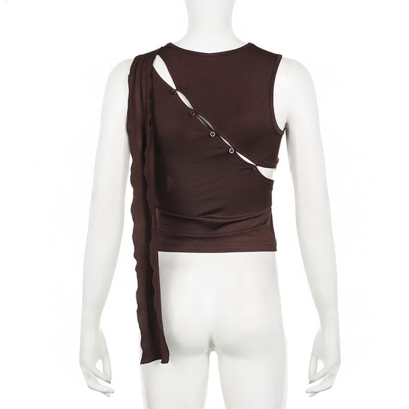 Irregular crewneck button hollow out cut out top