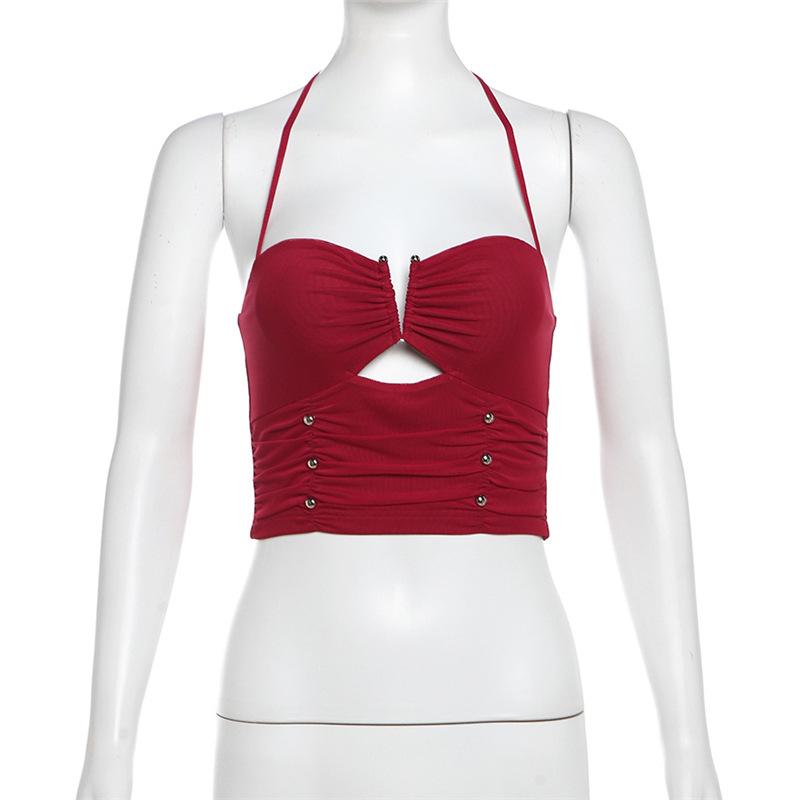 Halter ruched hollow out beaded top