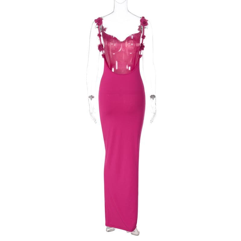Flower applique cowl neck backless solid maxi dress  | red tango dress