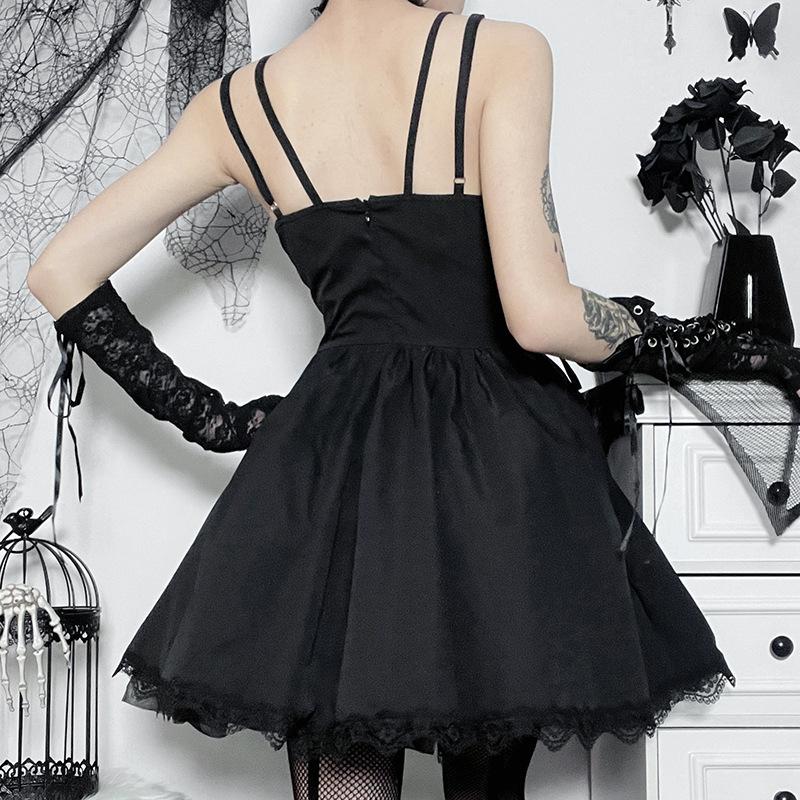 Sweetheart neck embroidery ruffle lace up cami mini dress