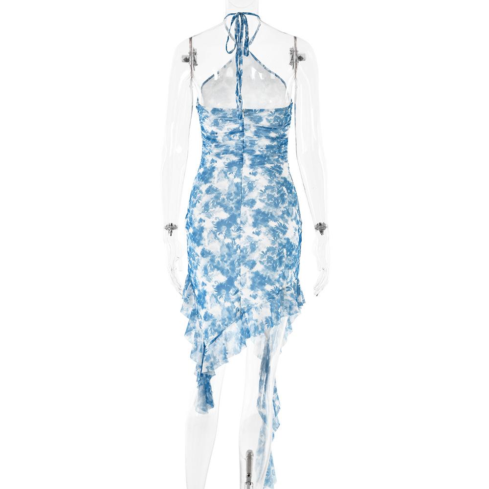 Halter ruffle tie dye irregular backless mini dress