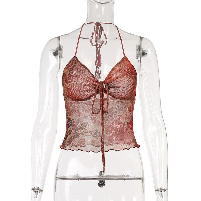 Halter abstract ruched self tie mesh top