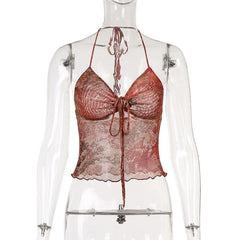 Halter abstract ruched self tie mesh top