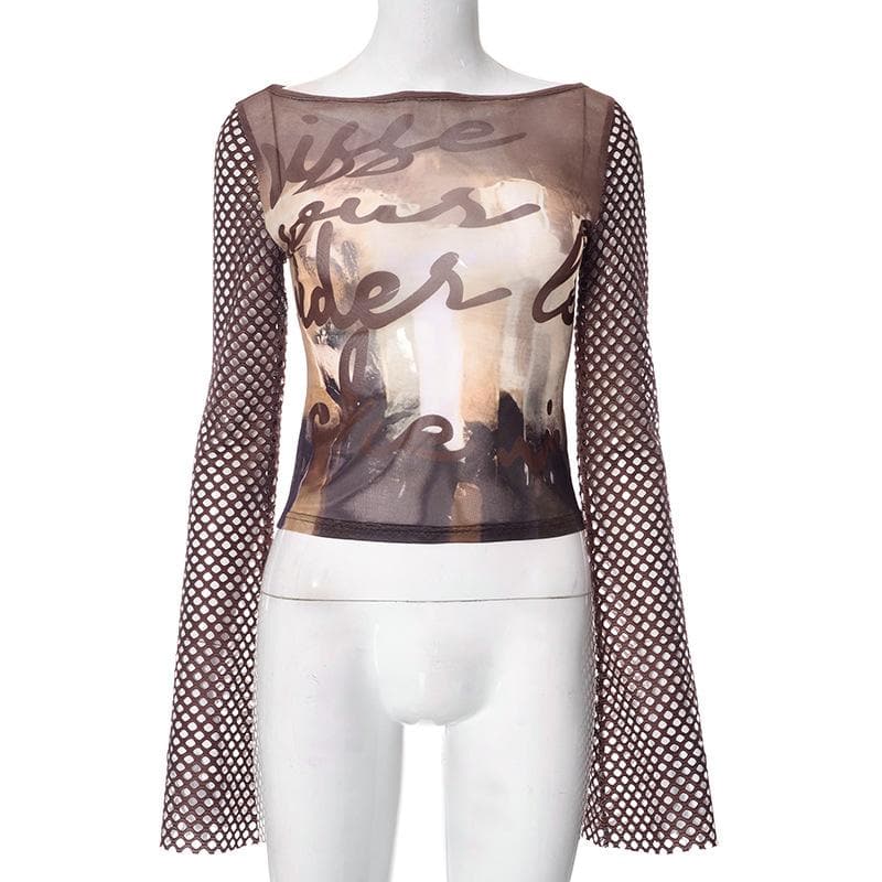 Fishnet long sleeve hollow out mesh contrast cut out top