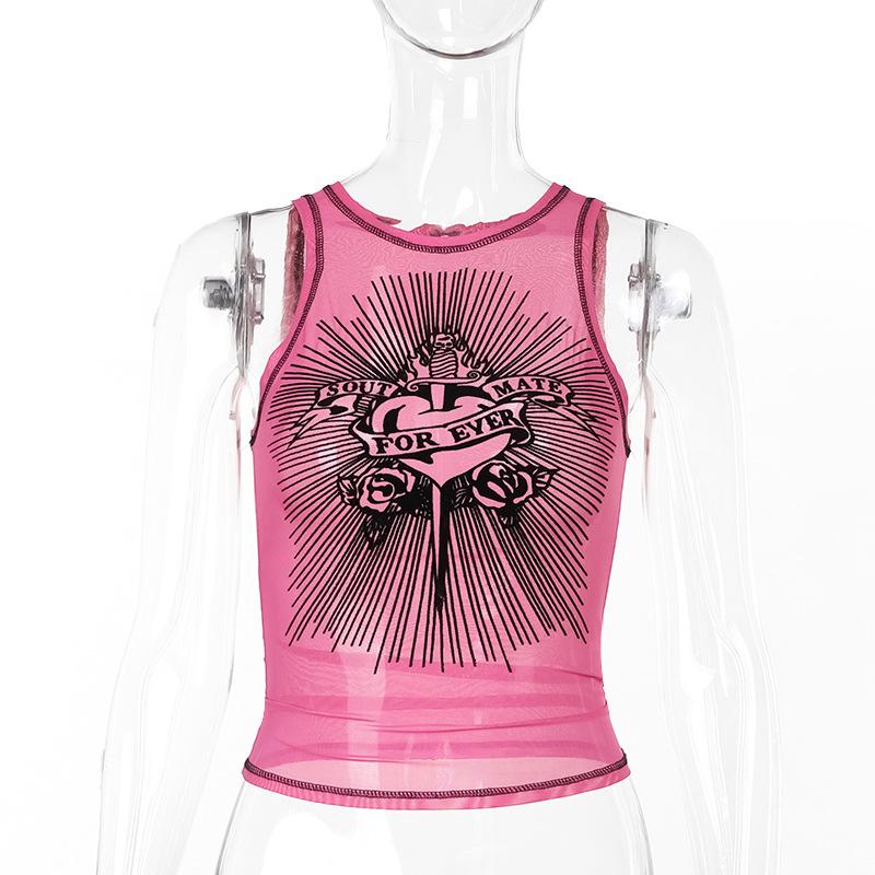 Sleeveless crewneck print sheer mesh stitch top