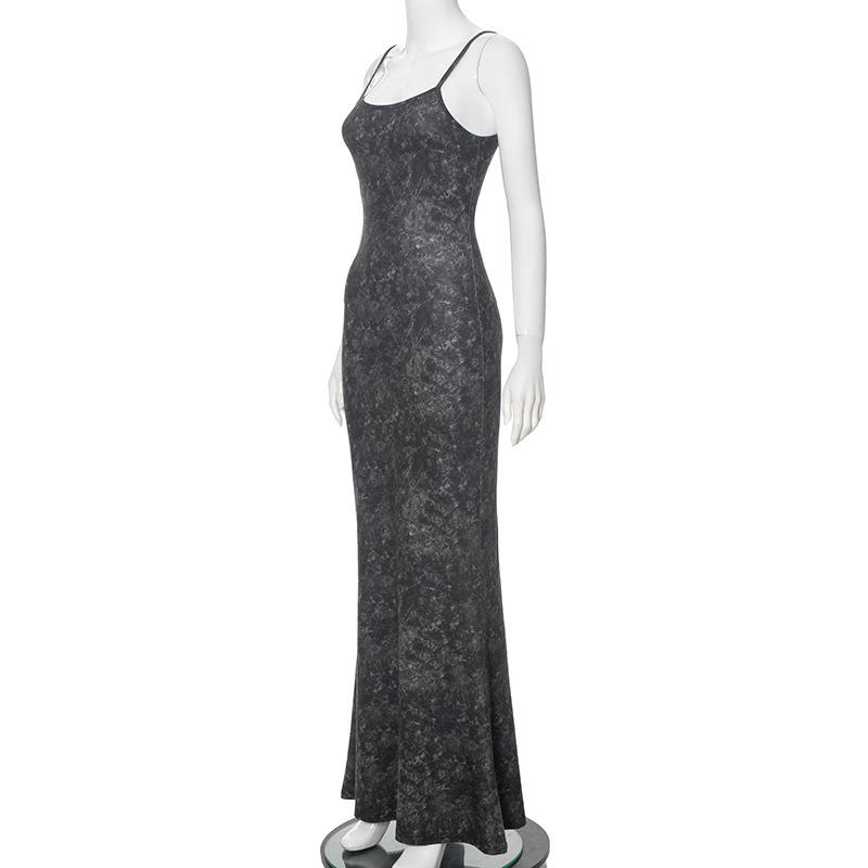U neck print backless cami maxi dress