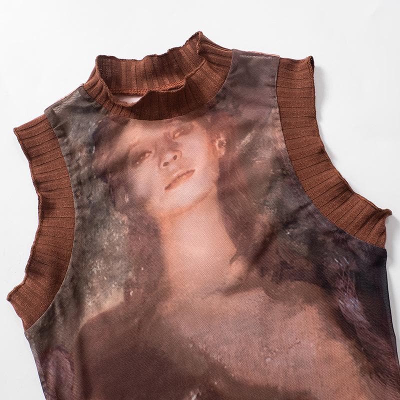 High neck sleeveless mesh see through print ribbed top