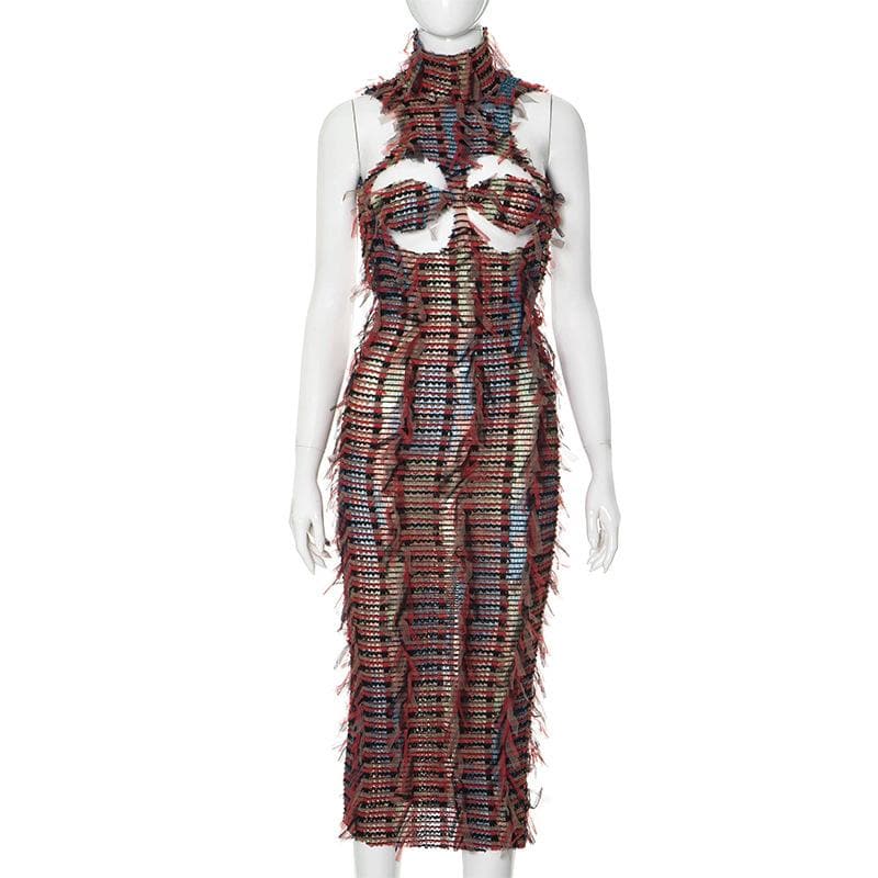 High neck hollow out mesh backless cut out midi dress  | red tango dress