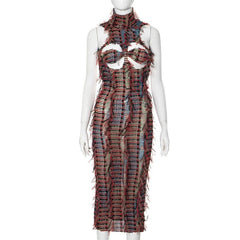 High neck hollow out mesh backless cut out midi dress  | red tango dress