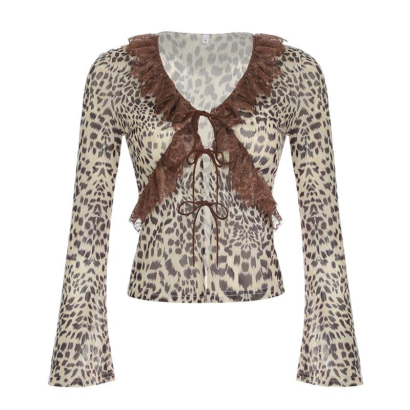 Long sleeve mesh lace hem leopard print self tie top