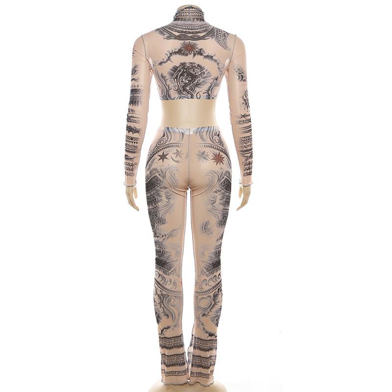 Long sleeve print high neck ruffle crop sheer mesh pant set