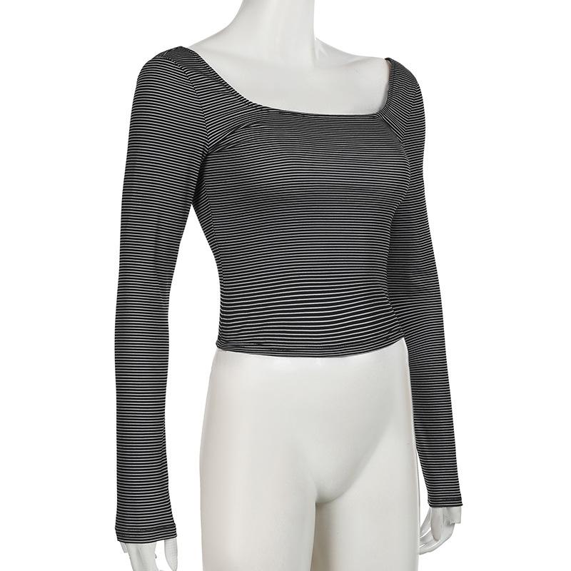 Long sleeve u neck striped backless top