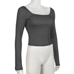 Long sleeve u neck striped backless top