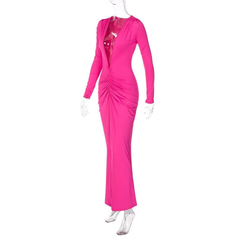 Ruched long sleeve v neck solid 2-way maxi dress  | red tango dress