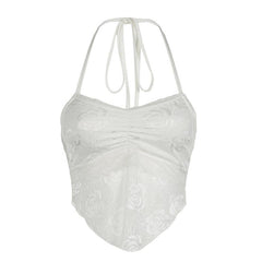 Halter lace ruched solid knotted top